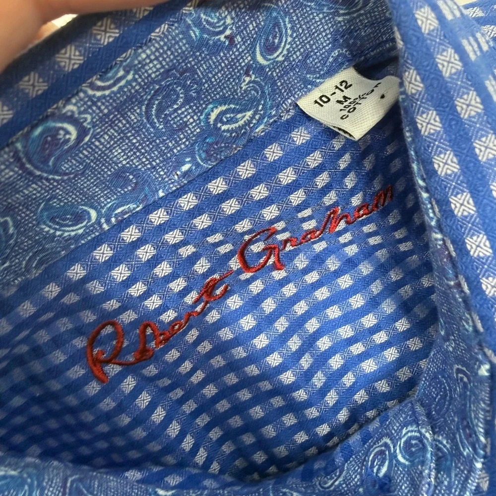 Robert Graham Boys Blue Gingham Button Down Shirt Medium 10-12 Paisley